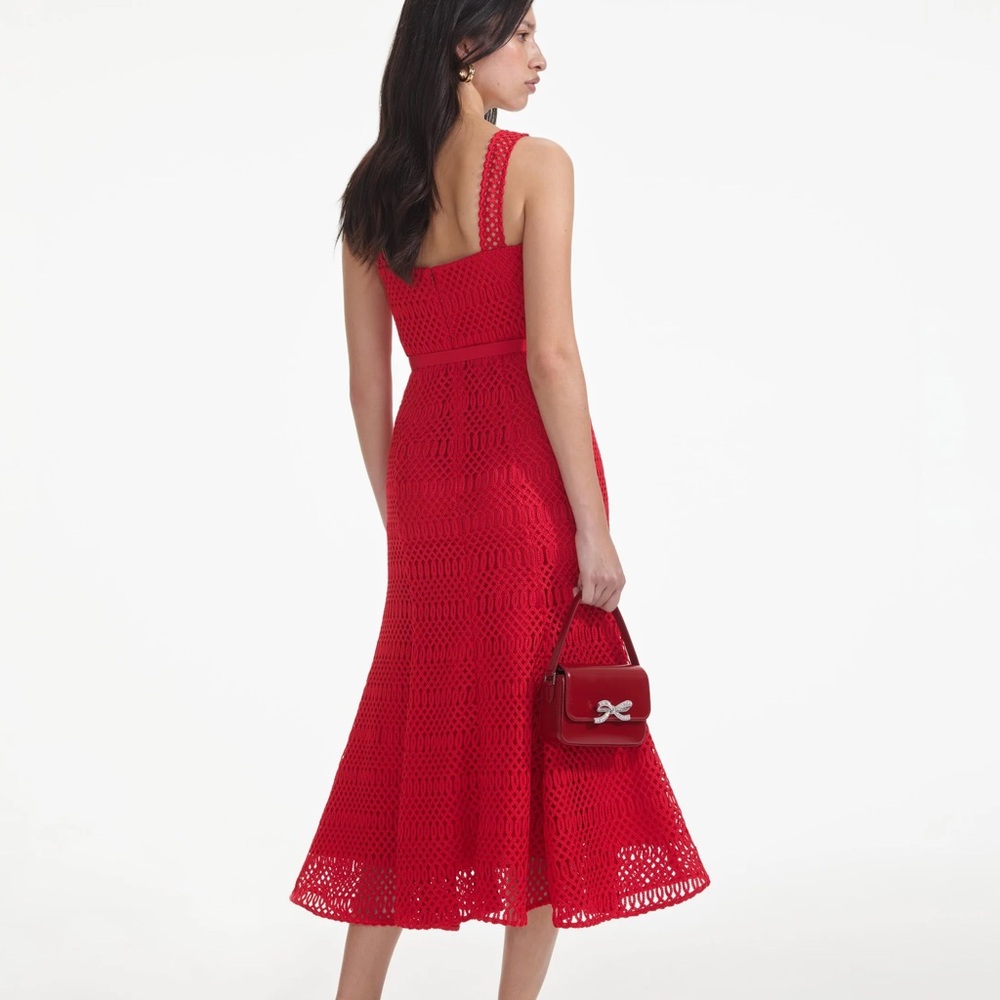 Self Portait Lattice Lace Midi Dress in Red - Picture 2 of 16